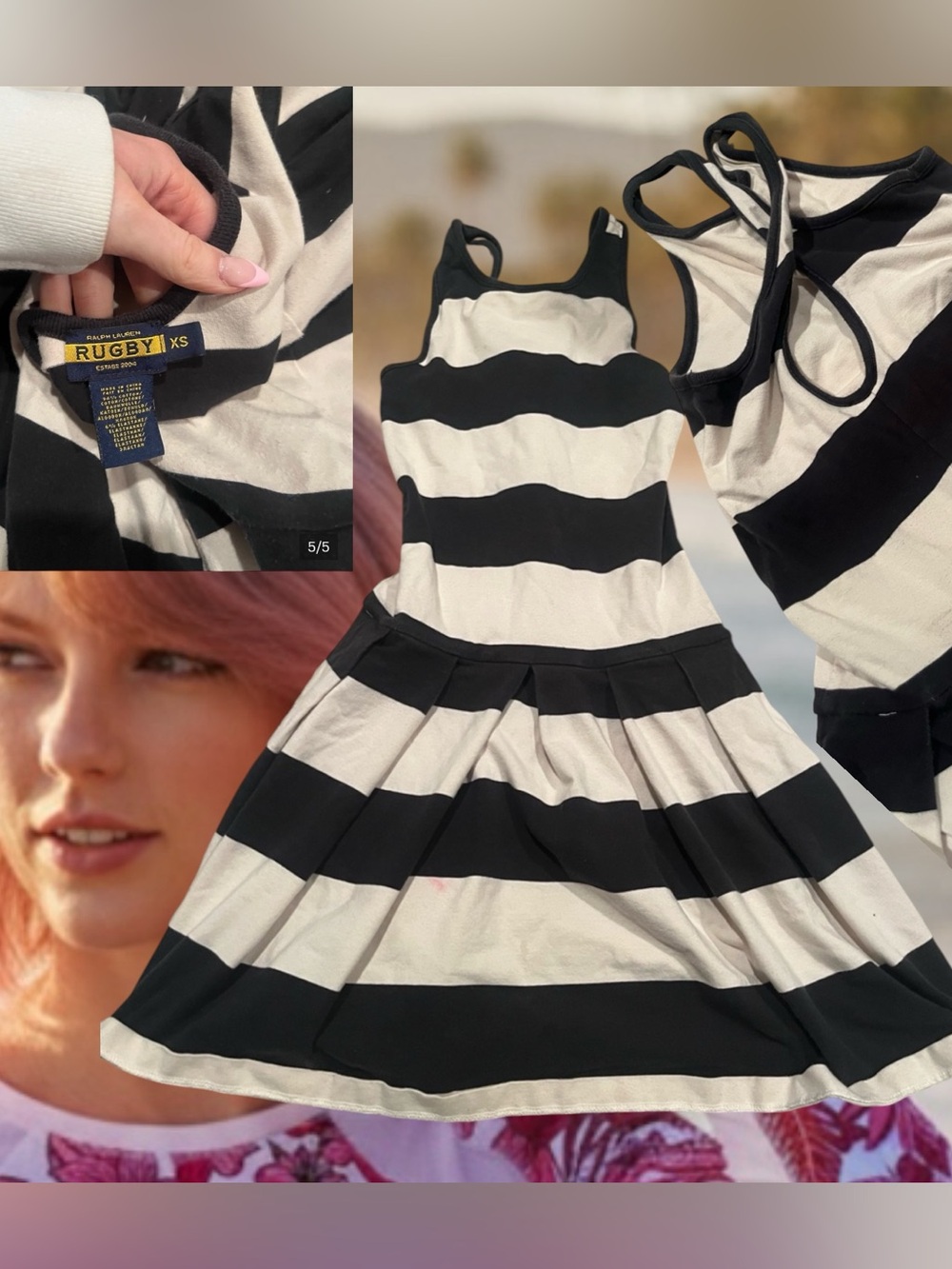 Rugby Ralph Lauren Black & White Striped Sleeveless Pleated Mini Dress